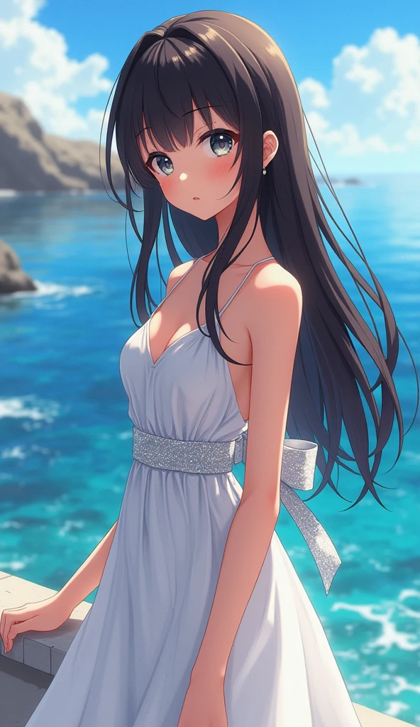 Greek anime girl with long dark brown hair, a white dress with a silver bow, and a backdrop of the aegean sea