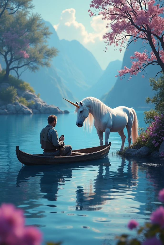 "The Fisherman and the Unicorn of Sapphire Lake": A lone fisherman in a small boat watches in wonder as a glowing horned unicorn drinks water from a sapphire blue lake. The flowers around the lake bloom in vibrant shades of pink and purple, and the reflection of the unicorn in the water shines with a magical light.