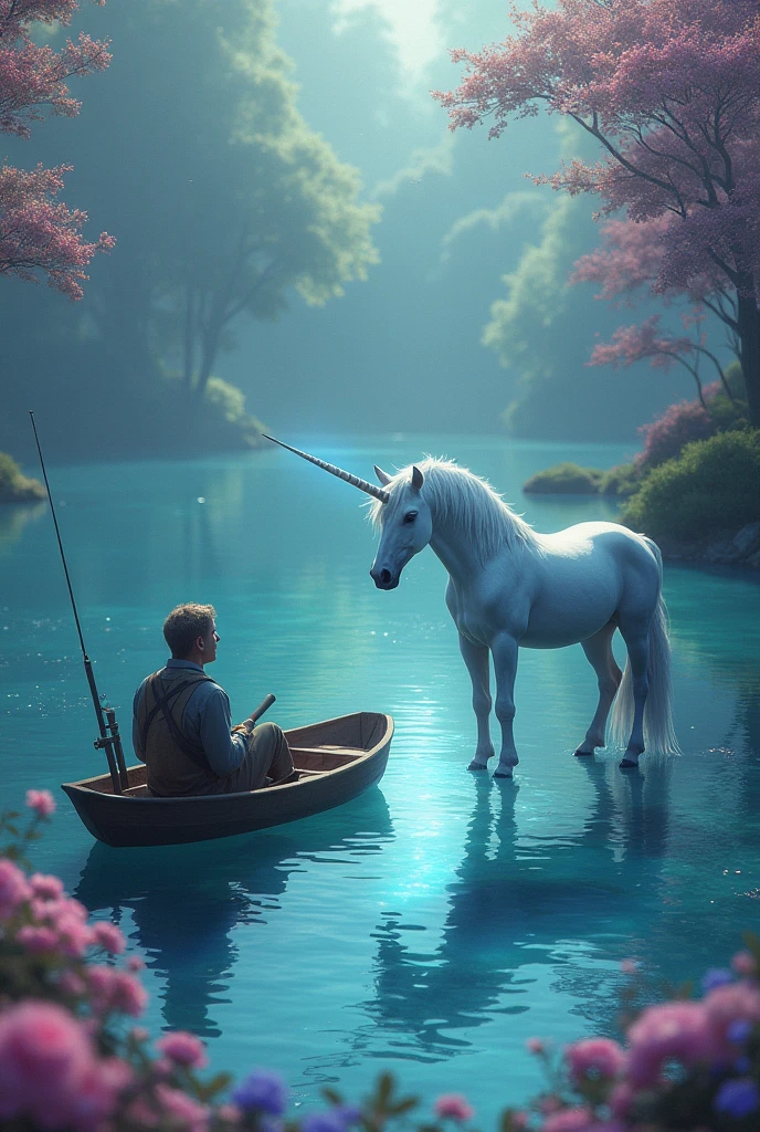 "The Fisherman and the Unicorn of Sapphire Lake": A lone fisherman in a small boat watches in wonder as a glowing horned unicorn drinks water from a sapphire blue lake. The flowers around the lake bloom in vibrant shades of pink and purple, and the reflection of the unicorn in the water shines with a magical light.