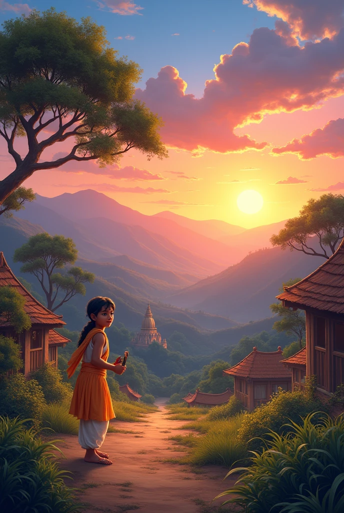 Little krishna village sunset background with mountains, sky, temple