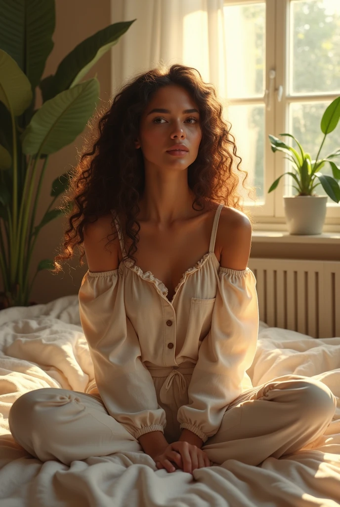 (photorealism:1.2), beautiful woman, sitting on bed, wearing loose off-shoulder top, pajama pants, long curly hair, indoors, soft lighting, plants in background, window with sunlight, cozy room, relaxed pose, realistic, intricate details, warm colors, by Greg Rutkowski, by Alphonse Mucha