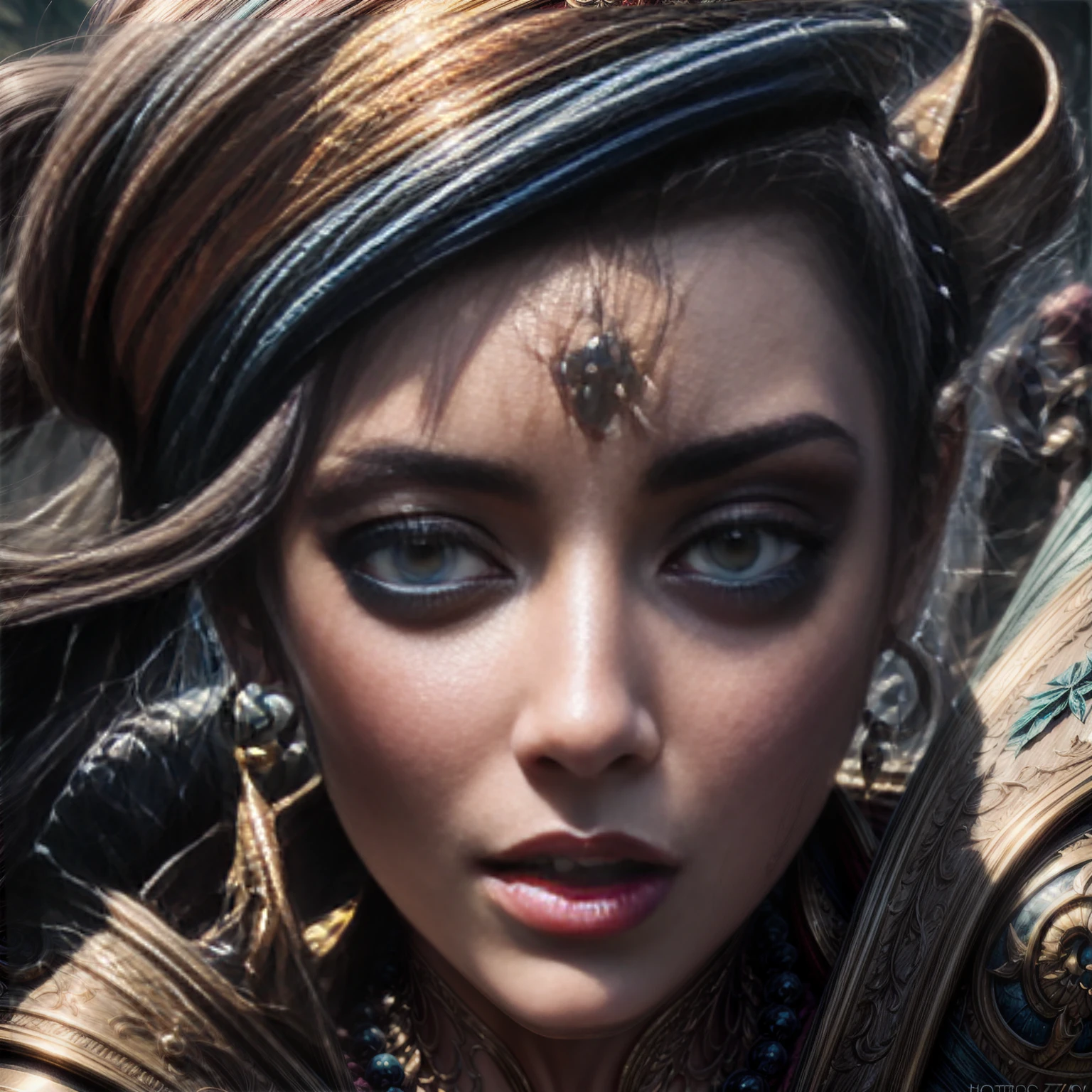 a group of female adventurers, cinematic composition, each wearing intricate patterned clothing and armor, beautiful detailed eyes, beautiful detailed lips, extremely detailed eyes and face, long eyelashes, dynamic poses, varied facial expressions, advanced equipment and weapons, dramatic lighting, epic fantasy landscape, (best quality,4k,8k,highres,masterpiece:1.2),ultra-detailed,(realistic,photorealistic,photo-realistic:1.37),cinematic angle, dramatic atmosphere, vibrant colors, fantasy art, digital painting