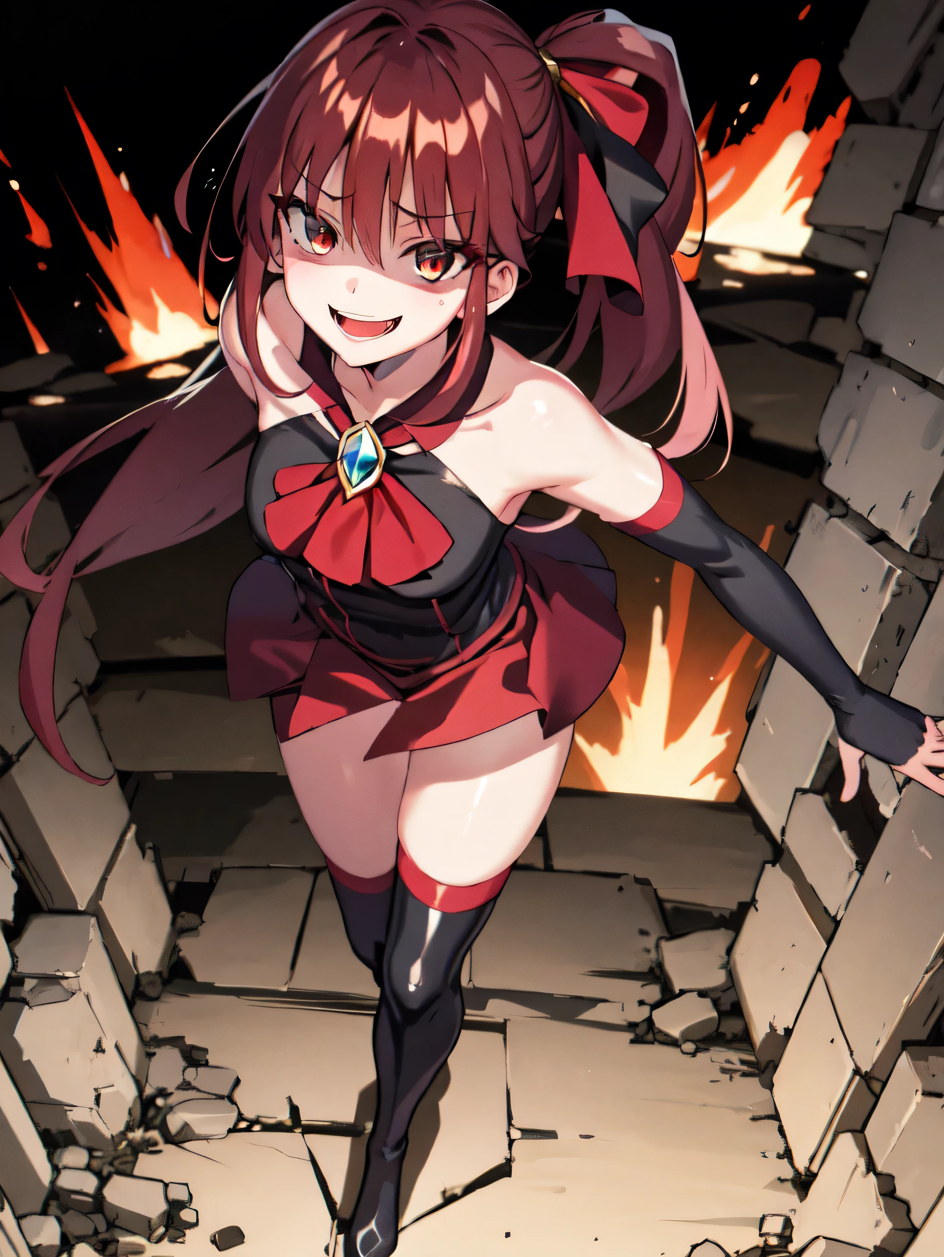 Highest quality, masterpiece, One Girl,Not beautiful, Red Ponytail, Long dress, brooch, Hair Ribbon,  Black knee socks, Standing on the rubble,  , ,,Dark shadow face,Sadistic laugh,,Malice,Contempt,smile,latex,Bad face,,Red Skirt,both hands,Two legs,Five Fingers,Evil background,Elbow fullgloves,shiny latex,evil laugh, Debish Aura (Shiny fabric:1.5),Dark world background,solo,Burning cityscape


