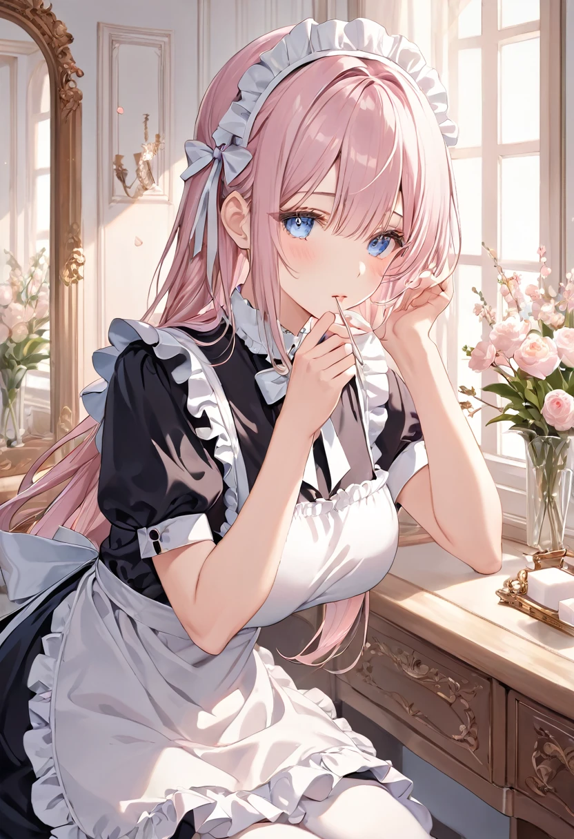 masterpiece, best quality, ultra detailed, detailed eyes, sparkling eyes, ((huge breasts)), The image features an anime-style character with long, light pink hair, styled with soft, flowing locks that cascade past her shoulders. She is dressed in a classic maid outfit, characterized by a black dress with white ruffled accents and a large white bow tied at the back. The outfit includes a high-necked apron adorned with a large bow at the collar. The character appears to be in a contemplative or relaxed moment, sitting in front of a vanity mirror with her delicate fingers holding a cotton swab near her lips. Her blue eyes gaze thoughtfully downward, capturing a sense of quiet reflection. The lighting is soft and warm, adding a peaceful, almost dreamlike atmosphere to the scene. Behind her, a few objects like a framed photo are visible on the vanity table, and fresh flowers can be seen in the foreground, which further enhances the serene ambiance. The overall aesthetic emphasizes softness and tranquility, with the pastel colors and the gentle details of the character's expression and environment contributing to the peaceful mood.
