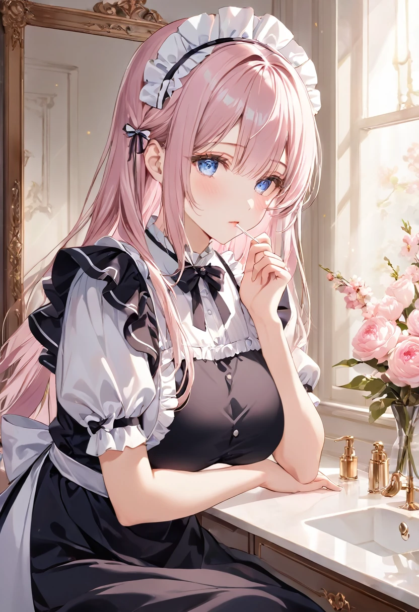 masterpiece, best quality, ultra detailed, detailed eyes, sparkling eyes, ((huge breasts)), The image features an anime-style character with long, light pink hair, styled with soft, flowing locks that cascade past her shoulders. She is dressed in a classic maid outfit, characterized by a black dress with white ruffled accents and a large white bow tied at the back. The outfit includes a high-necked apron adorned with a large bow at the collar. The character appears to be in a contemplative or relaxed moment, sitting in front of a vanity mirror with her delicate fingers holding a cotton swab near her lips. Her blue eyes gaze thoughtfully downward, capturing a sense of quiet reflection. The lighting is soft and warm, adding a peaceful, almost dreamlike atmosphere to the scene. Behind her, a few objects like a framed photo are visible on the vanity table, and fresh flowers can be seen in the foreground, which further enhances the serene ambiance. The overall aesthetic emphasizes softness and tranquility, with the pastel colors and the gentle details of the character's expression and environment contributing to the peaceful mood.