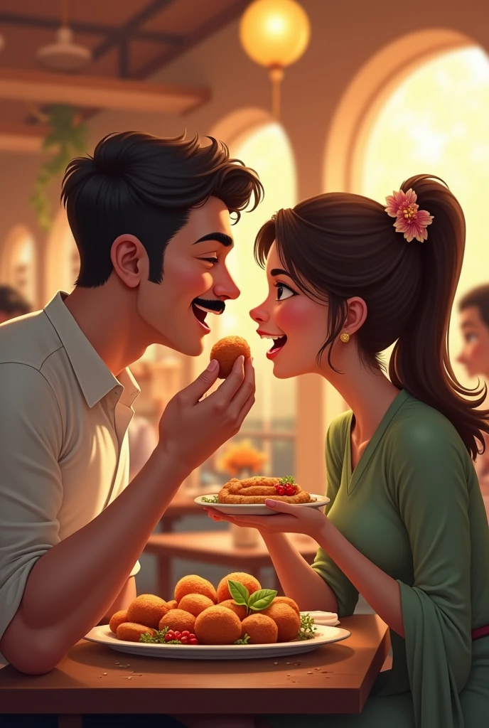 Create a couple picture in which the girl girl is feeding her husband Manchurian balls happily in a restaurant. the boy is strong looking boy with buff chest n shoulder, he is opening mouth l. The wife has tied her coffee brown long hair till her mid waist in pony with flower clip. Wearing a like light green frok. Him wearing dark green shirt,he has treamed moustache with nice combed hair .