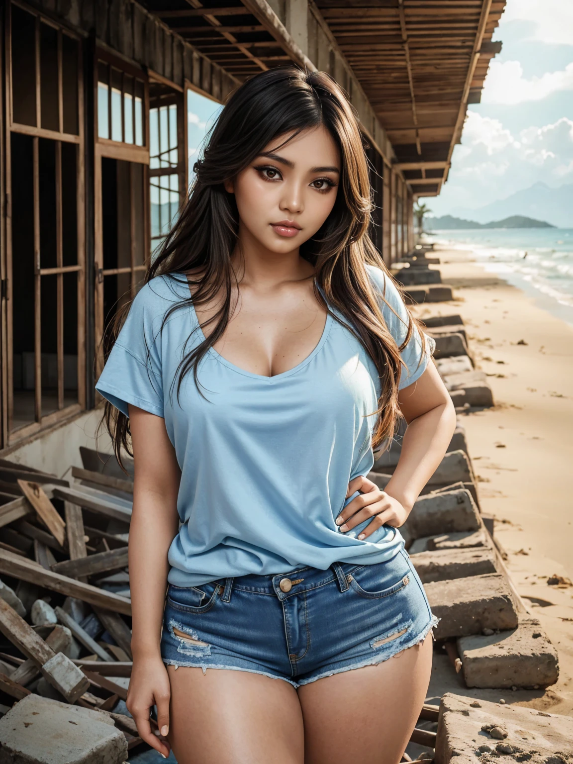 (SFW, Beautiful aesthetic sexy Malaysian|Filipina female model:1.3), thicc hourglass figure, wearing denim shorts and shirt, long messy hair, beach ruins at sunrise, soft fill lighting, freckles, perfect eyeliner and eyeshadow