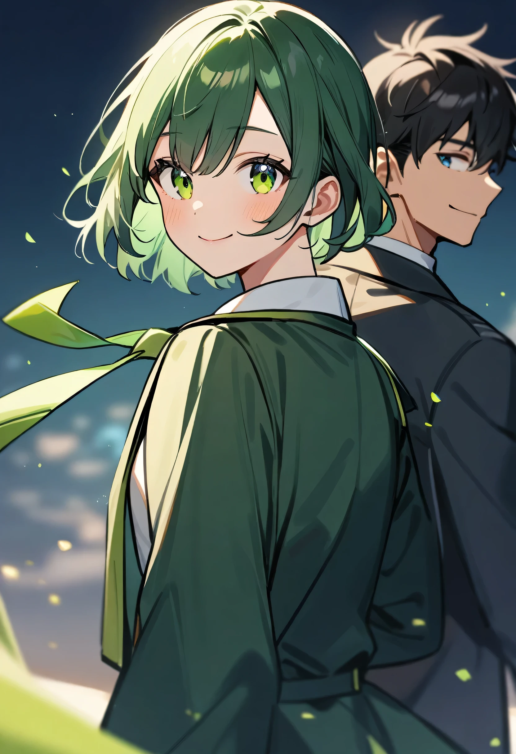 1boy and 1girl, smiling, together, wearing lime tie, wearing dark green coat, high schooler, back view, looking left, half body shot, turning back on viewer