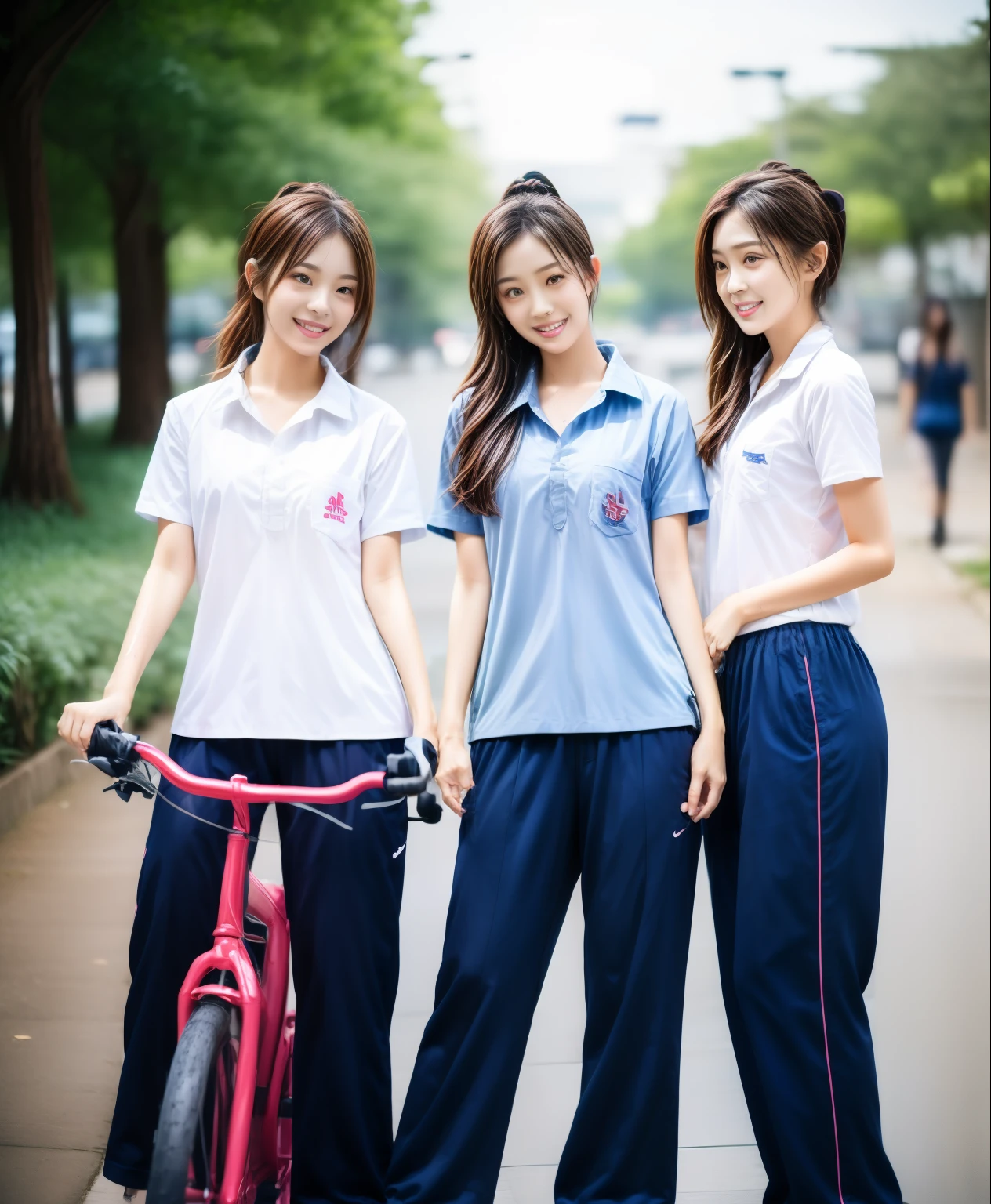 3 girls ride a bicycle, Bicycle , ride ,Navy blue short-sleeved shirt,Navy Long Trackpant,Sweatpants, Sweatpantsขายาว,25 year old girl, lesbian, sexy, exercise clothes, wet body, exercise clothes