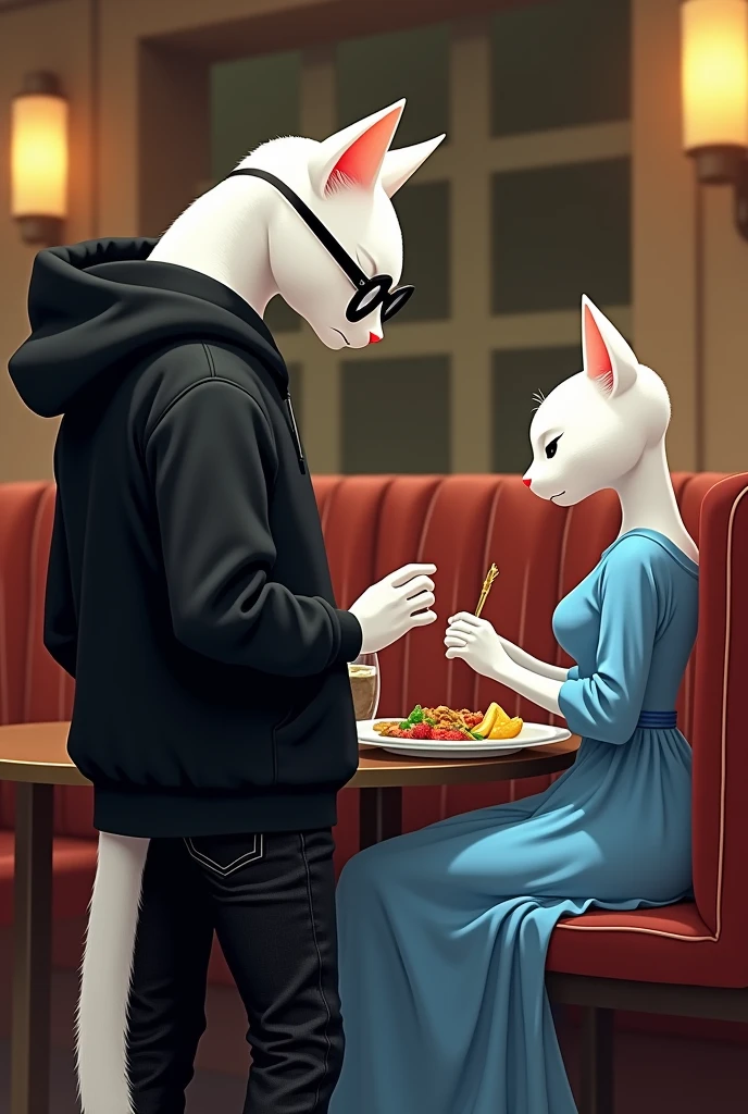 A tall white cat dressed in black hoodie and black jeans with black glasses sneaking watching tall a beautiful white  female cat dressed in blue frock ordering food in restaurant  sitting at separate tables