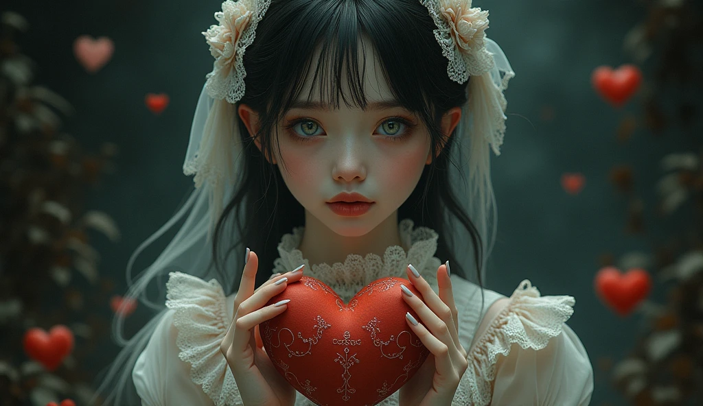 gothic girl holding a heart shaped box with a happy valentine message, a picture inspired by Tom Bagshaw, pixiv contest winner, gothic art, rin tohsaka, gothic maiden anime girl, natalie shau tom bagshaw, dreamy gothic girl, artstyle tom bagshaw, gothic harts, natalie shau, victorian gothic ta fashion, inspired tom bagshaw