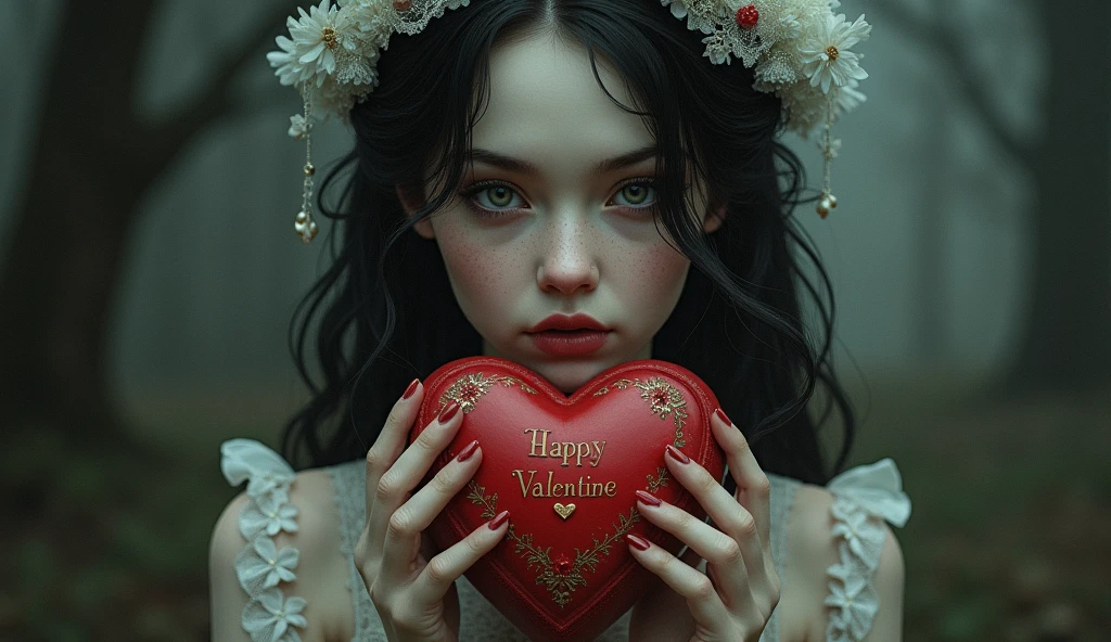gothic girl holding a heart shaped box with a happy valentine message, a picture inspired by Tom Bagshaw, pixiv contest winner, gothic art, rin tohsaka, gothic maiden anime girl, natalie shau tom bagshaw, dreamy gothic girl, artstyle tom bagshaw, gothic harts, natalie shau, victorian gothic lolita fashion, inspired tom bagshaw