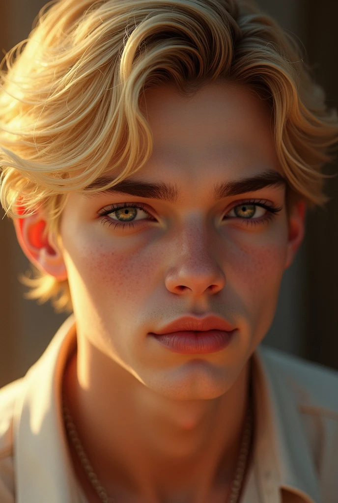 1 blonde man, extremely detailed face, beautiful detailed eyes, beautiful detailed lips, longeyelashes, cute expression, soft lighting, fine art portrait, warm colors, intricate details, (best quality,4k,8k,highres,masterpiece:1.2),ultra-detailed,(realistic,photorealistic,photo-realistic:1.37)