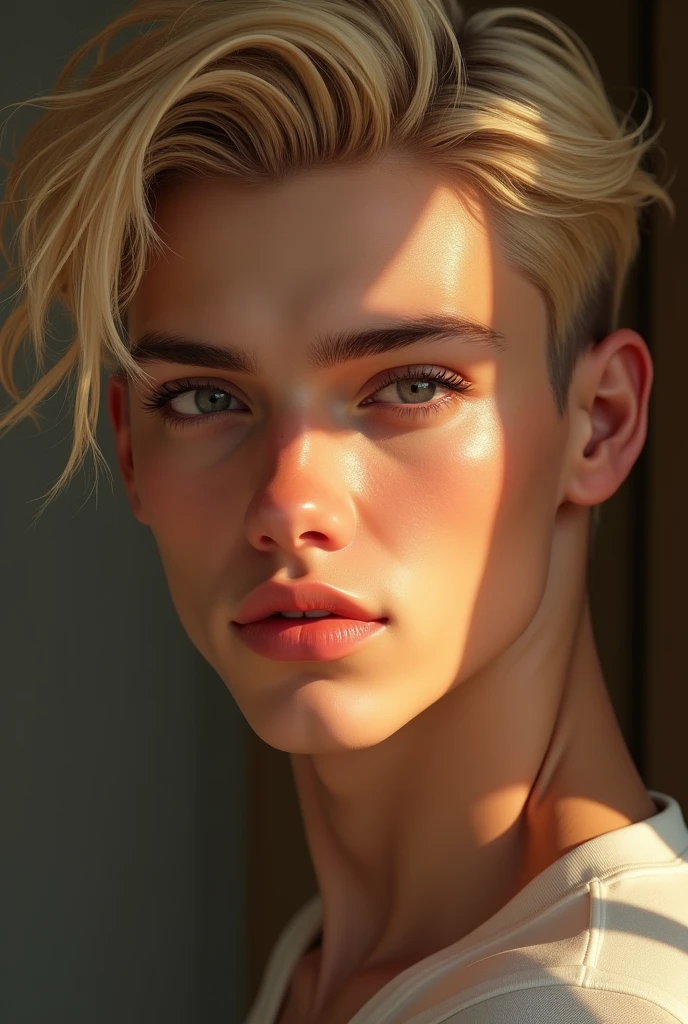 1 blonde man, extremely detailed face, beautiful detailed eyes, beautiful detailed lips, longeyelashes, cute expression, soft lighting, fine art portrait, warm colors, intricate details, (best quality,4k,8k,highres,masterpiece:1.2),ultra-detailed,(realistic,photorealistic,photo-realistic:1.37)