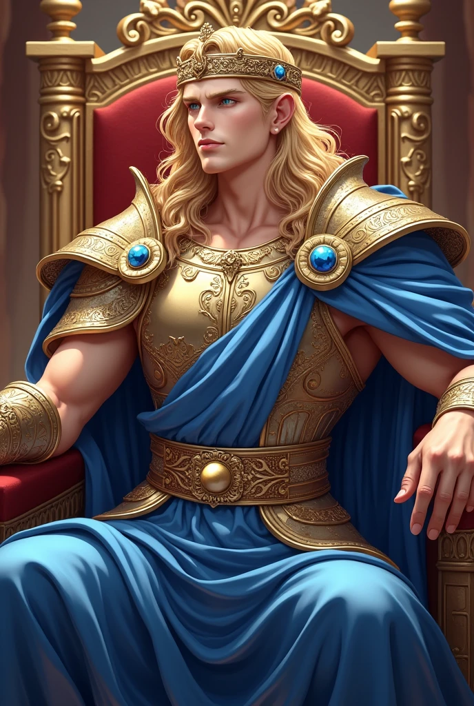 2024/08/21 22:27:28 a close up of a person sitting on a throne with a sword, Ancient Greece, Greek king, handsome guy, male king, casimir art, sitting in a gilded throne, offcial art, Beautiful king, Anime isekai popular, with an armor and a crown, delicado male king, sitting on his throne, (((HAIR OF GOLD))), blue outfit