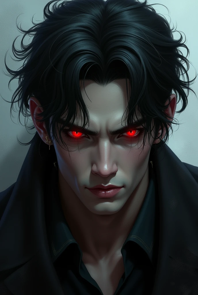 A handsome man，Has black hair color，Red eyes