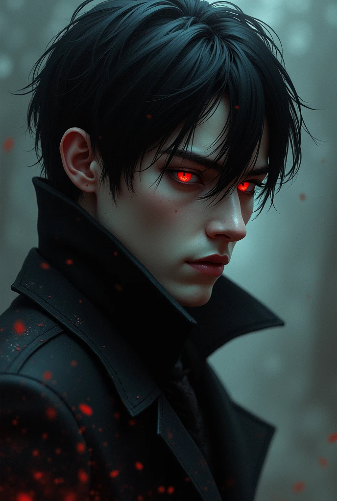 A handsome man,Has black hair color,Red eyes