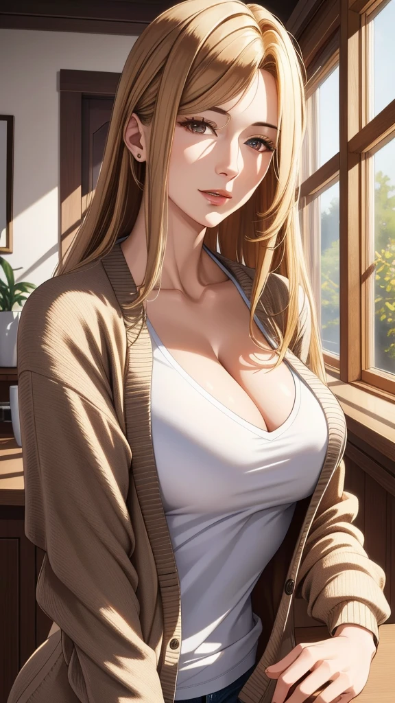 (best quality,4k,highres,masterpiece:1.2),ultra-detailed,cool adult woman,elegant,long hair,(swept-side bang:1.27),[[[brown hair]]],blonde hair,cardigan,t-shirt,cleavage,brown eyes,inside house,detailed facial features,vibrant colors,portraits,HDR,soft lighting