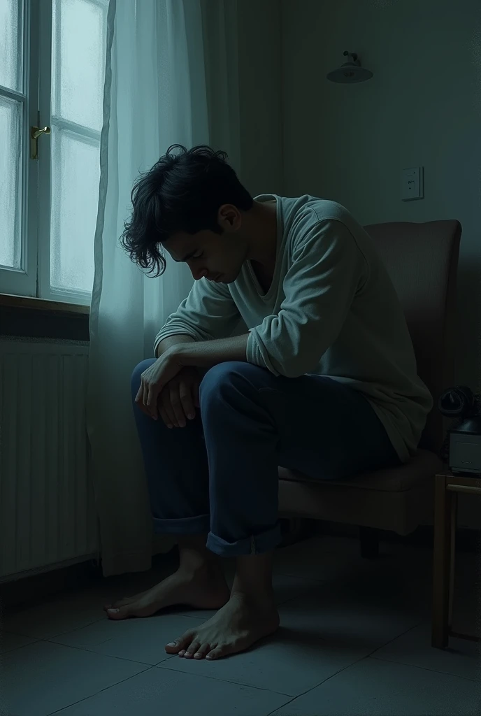 A person Ravi sitting at home looking sad and anxious.
Used dream or shadow lighting around Ravi the depict his anxiety and sadness
Facial expression showing body and helpness