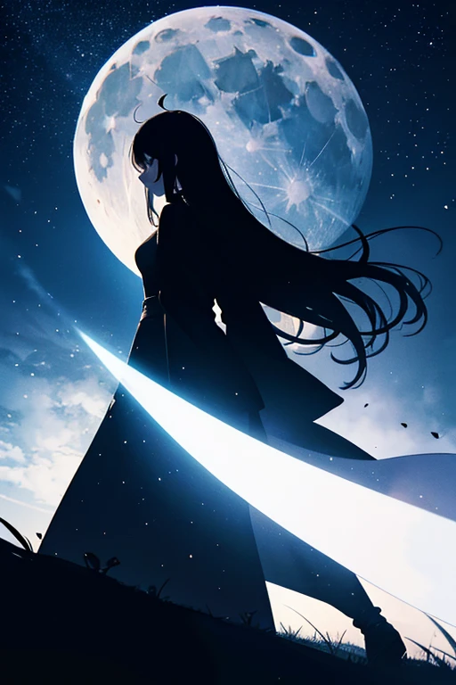 Highest quality,Big moon and shadow,A silhouette of a person can be seen against the backdrop of a large moon.,There is one full moon,There is a mood,Beautiful scenery,Starry Sky