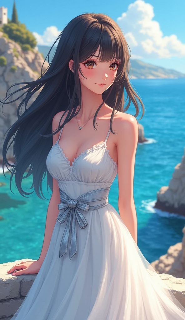 Greek anime girl with long dark brown hair, a white dress with a silver bow, and a backdrop of the aegean sea