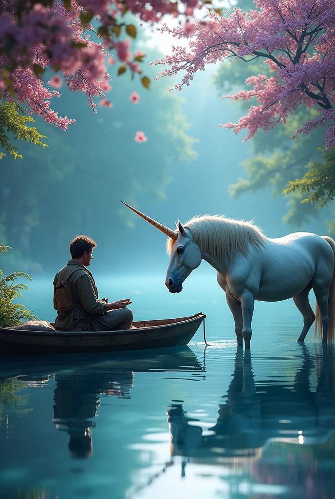 "The Fisherman and the Unicorn of Sapphire Lake": A lone fisherman in a small boat watches in wonder as a glowing horned unicorn drinks water from a sapphire blue lake. The flowers around the lake bloom in vibrant shades of pink and purple, and the reflection of the unicorn in the water shines with a magical light.