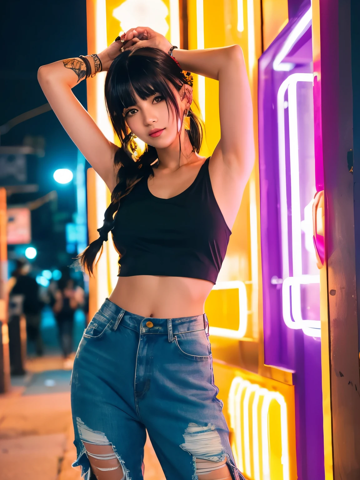 A vibrant anime-style illustration of a fashionable young girl in a modern urban setting. The girl has medium-length black hair with one eye partially covered, styled in a loose braid on one side. She is wearing a yellow oversized crop top, paired with high-waisted ripped jeans that have a worn-out, distressed look. She accessorizes with purple star-shaped earrings, multiple bracelets, and a small black shoulder bag. A straw hat is perched casually on her head, adding a playful touch. The background features colorful graffiti on the walls and bright neon signs, giving off a lively, night-time city vibe. The lighting reflects a mix of warm and cool tones, enhancing the dynamic atmosphere of the scene, while the girl’s confident and cheerful expression complements the trendy and energetic urban theme.
