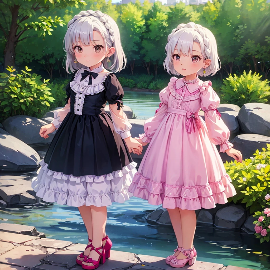1girl, Solo,  victorian dress, white hair, pink eyes, blushing, earrings, masterpiece, high heels, earrings, water, wet,