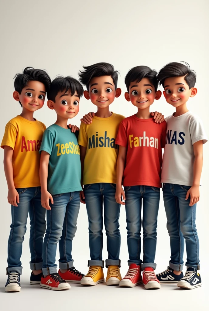 There are five boys and all five are wearing different colored clothes and the name of the first is Aman and the name of the second is zeeshan and clearly view and the name of the third is Misbah and the name of the fourth is Farhan and the name of the fifth is Anas written on the full t shirt and  full background 
