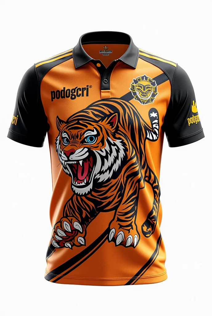 Create for me CRICKET jersey CARTOON PLAY CRICKET pattern design tiger stripe  full pattern black collar white background /clear design indigenous pattern wrote PODONGCRIC at centre clear design roaring tiger tattoo design