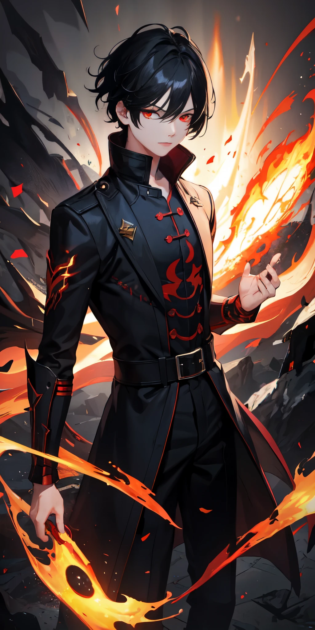 1 Boy, Black Hair, Red Eyes, Fire Witch, Blood, Light Particles, Light, wallpaper, High contrast, rich and colorful,dark