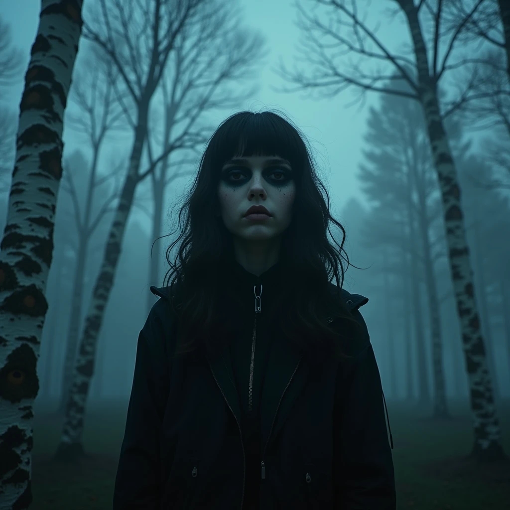 Low angle shot:1.7, photography angle from below:1.7, plano general, whole body, (Cute young attractive teenager, Strong gothic makeup) a town on the shores of the lake, a white birch forest and an apple orchard, a starry night, ((Matias_adolsson style!)), gloomy and foggy atmosphere, Surrealism, The absurdity of tenderness, Attraction and rejection of extraordinary appearance, naive magic art, primitivism, protogeno, , ((Best Quality, masterpiece)), ((more detail)), impression:1,1, 8k