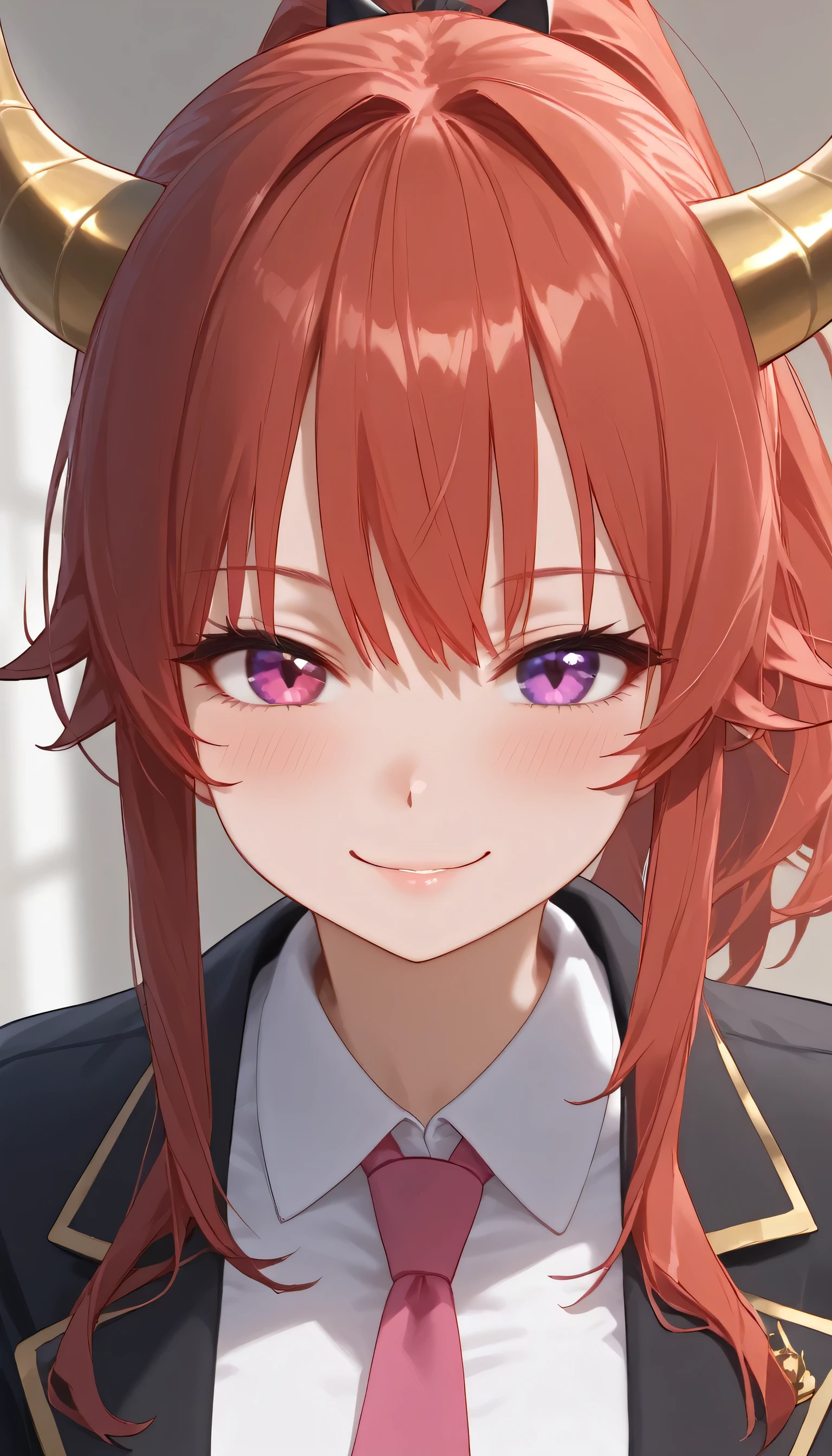 shiny skin, 1girl, ponytail hairstyle, parted lips, black skirt, bangs, hair tie, ((pink and purple color eyes, pink and purple Heterochromia eyes, beautiful detailed eyes, (cat pulils)), blush, breasts, shirt, small breasts, solo, looking at viewer, red hair, long red hair, black coat, black suit, white shirt, closed mouth, long sleeves, ponytail hairstyle, collarbone, smile, large smile, ((small horns, gold horns, horns towards the bangs, the ends of the horns are on the bangs, dragonian))