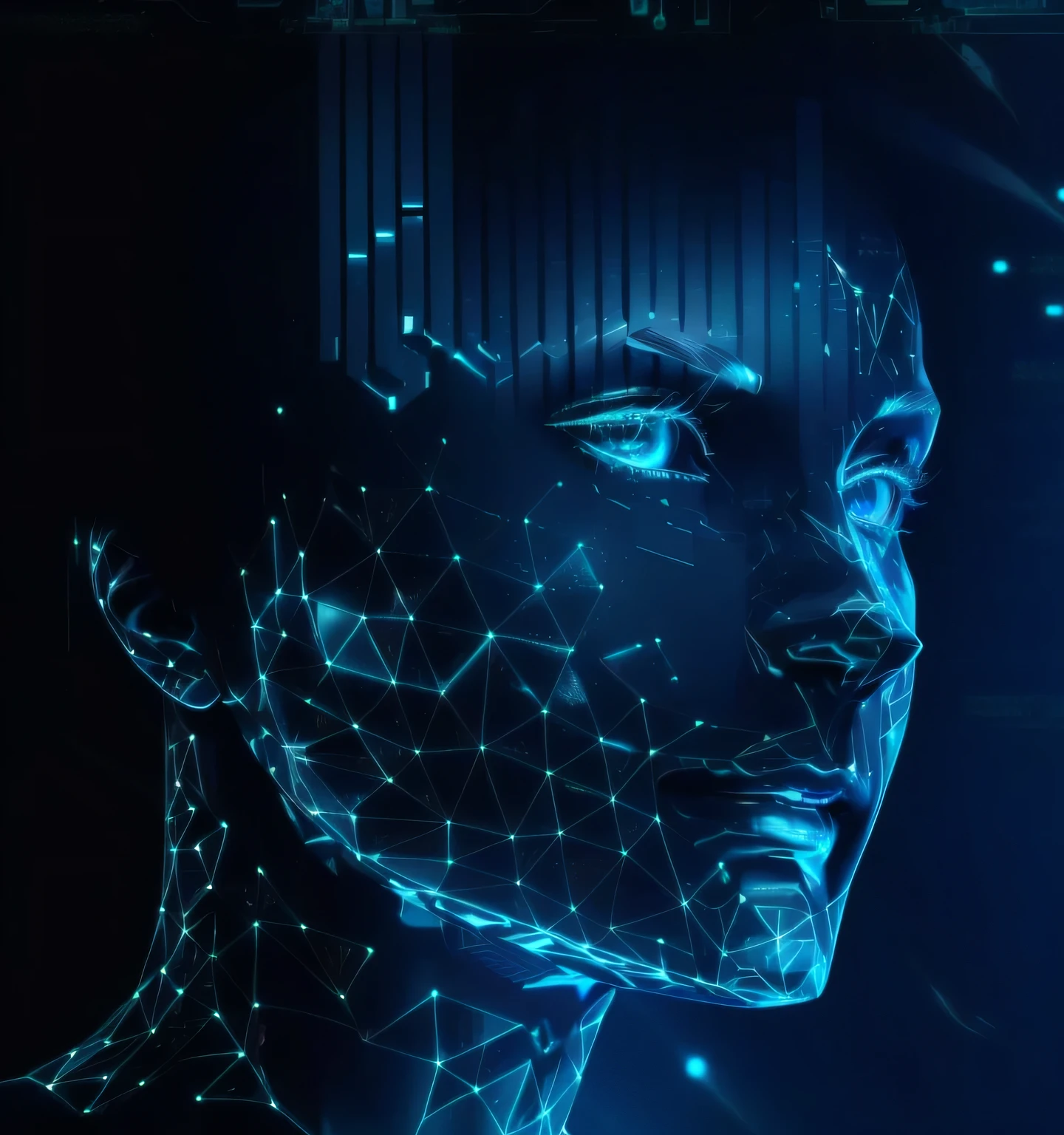 a close up of a person's face with a futuristic design, robot with human face, blue holographic face, artificial intelligence, detailed face of an android, ai researcher, portrait of an ai, cybernetic faces, strong artificial intelligence, cyberface, datanft as a data avatar, digital human, your personal data avatar, the encrypted metaverse