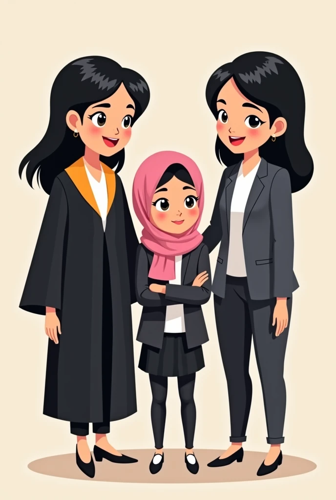 Three cartoon women, 
one on the left wearing a black graduation uniform (black hair), she is 2.
one in the middle wearing a Highschool uniform with a pink hijab, she is 2. 
and one on the right wearing an black office worker uniform (black hair), she is 3.