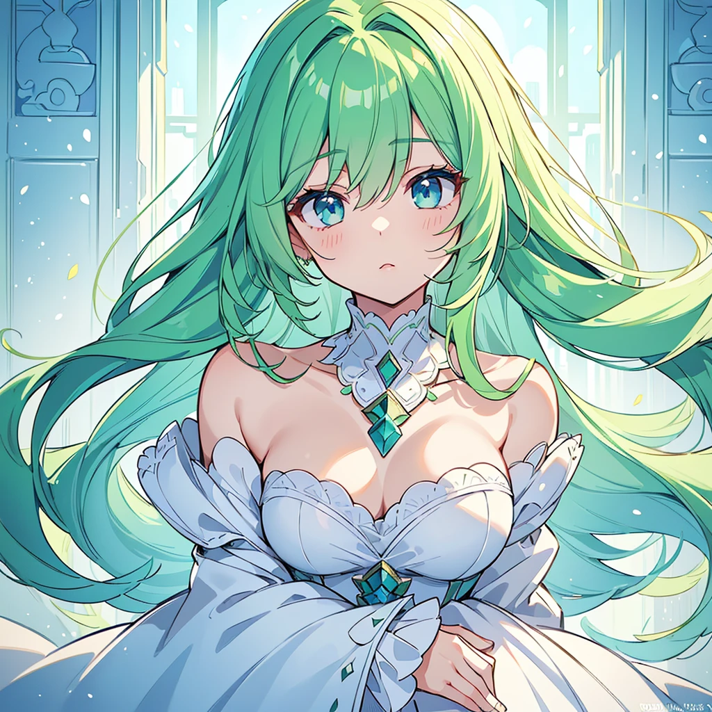 ((Beautiful woman with green hair and blue eyes)), Wearing a white dress, face, ((masterpiece, Highest quality, Ultra high definition, High resolution)), Anime, ((Ultra-detailed illustrations:1.2)), Just One, bangs, Hair between the eyes, Beautiful Hair, Beautiful Eyes, Medium chest, 大きな笑face, Mouth open, enjoy, city