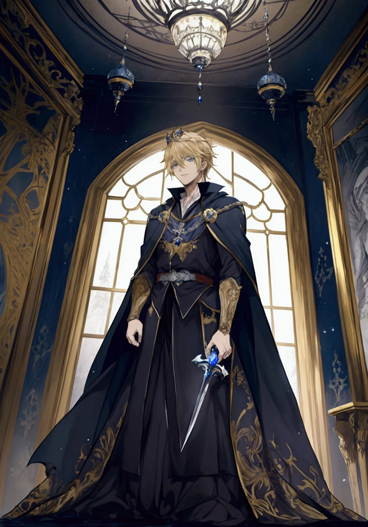 (Masterpiece), ((Highest Quality)),(Official Art),Dark european fantasy:1.2),(1 solo male anime king: 1.3), A mysterious king with straight yellow-blonde hair, blue eyes, intricate white and gold royal cape, wearing a large royal crown. He wields a large sword, standing in a dark balcony. Overcast nighttime. Dark lighting. Low brightness. Photo from below. Detailed drawing. Detailed eyes. Masculine jaws. Soft fairytale picture, Arthur Rackham. Colorful, best detailed ((super detailed)), (highly detailed 2D anime king illustration), ((dark and beautiful))
