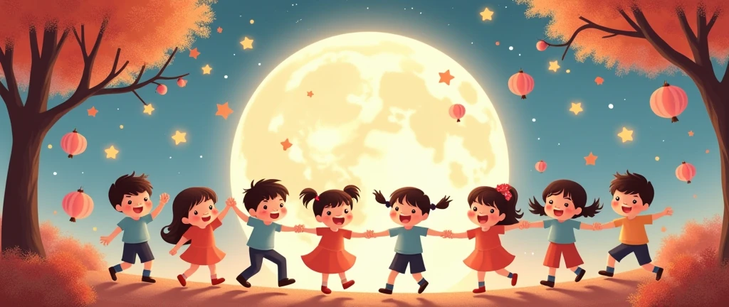 A charming 30 boys and girls dancing with full moon, happy expression. The moon has bright, big. It sits in an enchanting autumn setting with light pink star-shaped balloons and star-shaped moon cake drifting around. The surrounding trees are laden with Mid-Autumn vietnamese star Lantern and the sky above glows with a gentle twilight blue, contributing to a magical and affectionate mood. The image should embody a cartoon-like and extremely adorable style, with a soft-focus background to amplify the fairy-tale-like ambiance of the composition.