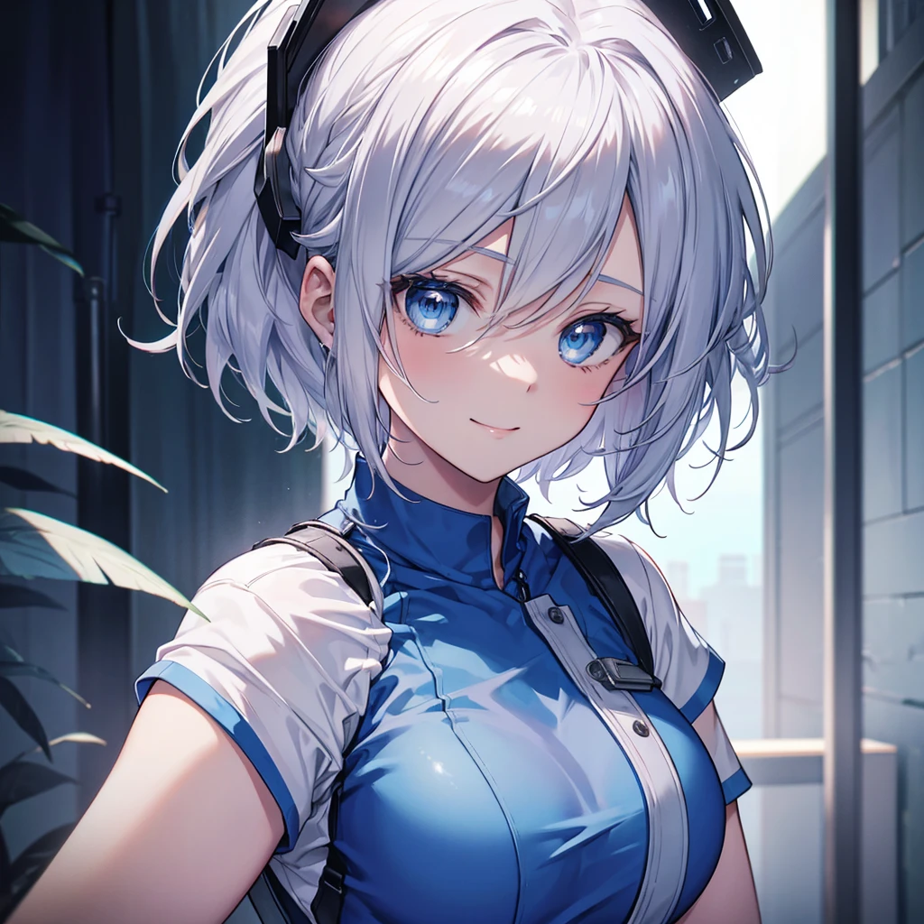 wear scrubs, White or pale blue scrub clothing, a beautiful detailed portrait of a shoulder length hair nurse aide, with no hat, large breasts, in an anime style, high resolution, photorealistic, dramatic chiaroscuro lighting, intricate details, ominous aura, beautiful blue eyes, beautiful silver hair, short bob cut, sharp facial features, strong presence, smile, I'm not wearing anything on my head, Hide your chest with your clothes.