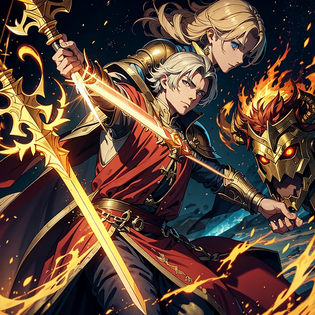 Creates a man with a hand of fire ,IN MEDIEVAL CLOTHES, with a staff and a paladin girl with a sword and shield in golden armor