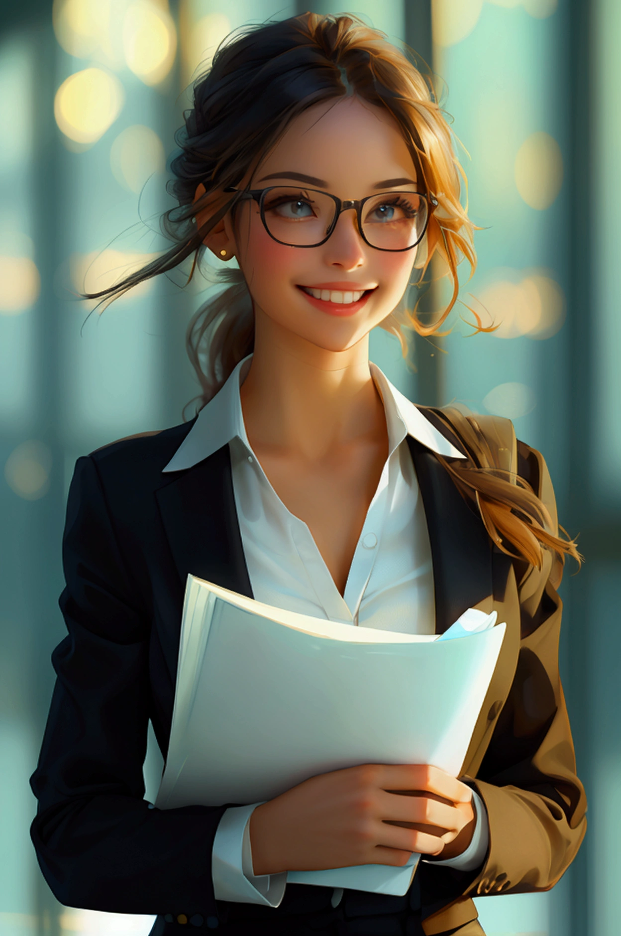  , cute girl dressed in business attire. She should be confidently holding a document with a big smile, reflecting excitement and success. full girl character,