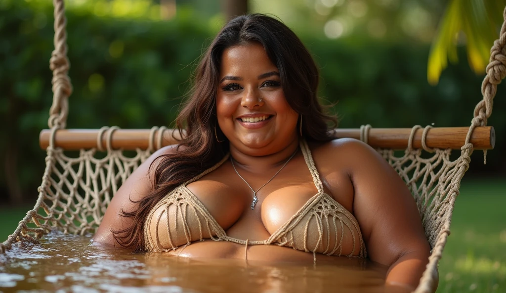 photograph for full course dating application ,45yo woman with big breast on a hammock in a yard, Angle where the face is in the center of the screen,a stock photo by Eve Ryder, dribble, process art, lisa ann, voluptuous and arousing, very wet, oiled, wet swimsuit, oily puddles, outdoors, dripping wet, carnal ) wet, drenched body, having fun in the sun, full pov