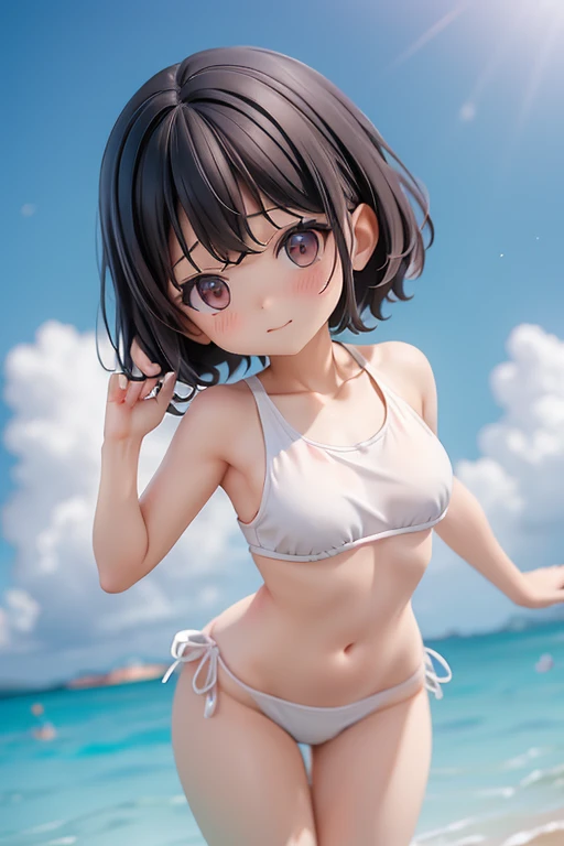 Swimwear、Girl、Girl、Primary school students、sharp、Black Hair,、The forehead is visible、Forehead、whole body、
