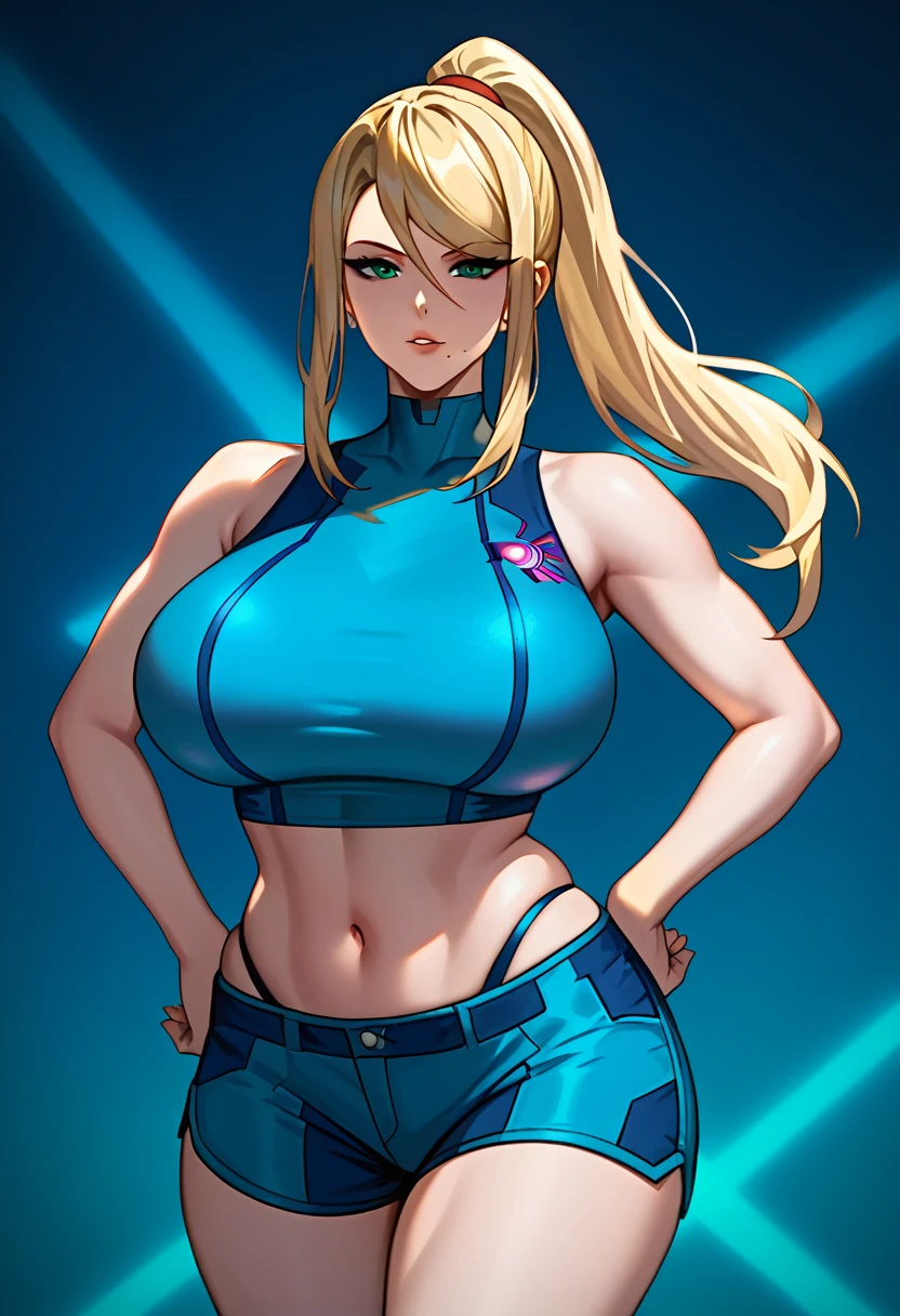 masterpiece, Highest quality, 1 person,( View your viewers,),Detailed Background、A person who writes in detail、Accurate human body、Knowledgeable person、(Accurate 5 fingers),Mature Woman,Thighsが太い,curvy body、Thighs、alone,(middle breasts),everythingSamus, blonde hair, blue crop top, blue shorts, bare shoulders, midriff,(bare arm),((sleeveless)),