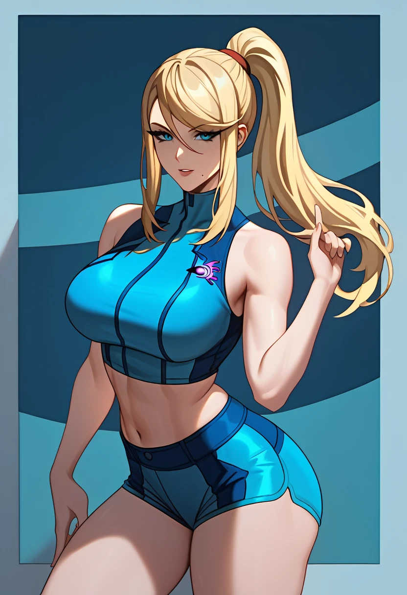 masterpiece, Highest quality, 1 person,( View your viewers,),Detailed Background、A person who writes in detail、Accurate human body、Knowledgeable person、(Accurate 5 fingers),Mature Woman,Thighsが太い,curvy body、Thighs、alone,(middle breasts),everythingSamus, blonde hair, blue crop top, blue shorts, bare shoulders, midriff,(bare arm),((sleeveless)),