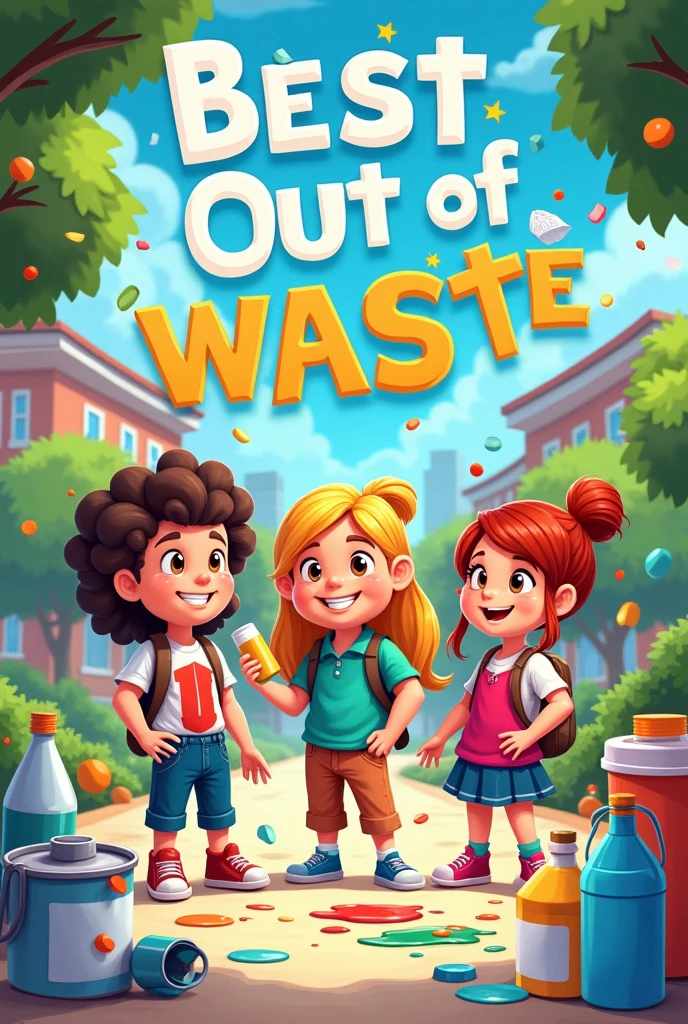 Poster for best out of waste workshop in college with cartoons and waste products like bottles, tissues, paper, cups, paints etc