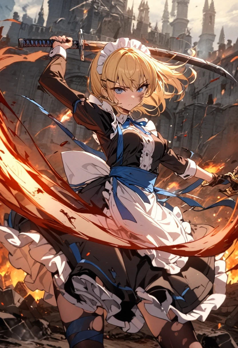 (8k, super high quality, masterpiece), (detailed), One Woman, Small breasts, Blonde, cute, Slightly longer length, Blue ribbon, Apron dress, Maid clothes, Slash with a two-handed sword, Perfect Stance, Burning Battlefield, Castle Defense, My whole body is dirty., Torn clothing, A strong enemy in front of me, Deadly Combat, Intense Combat, Quite dirty, Scorched, injury, Blood