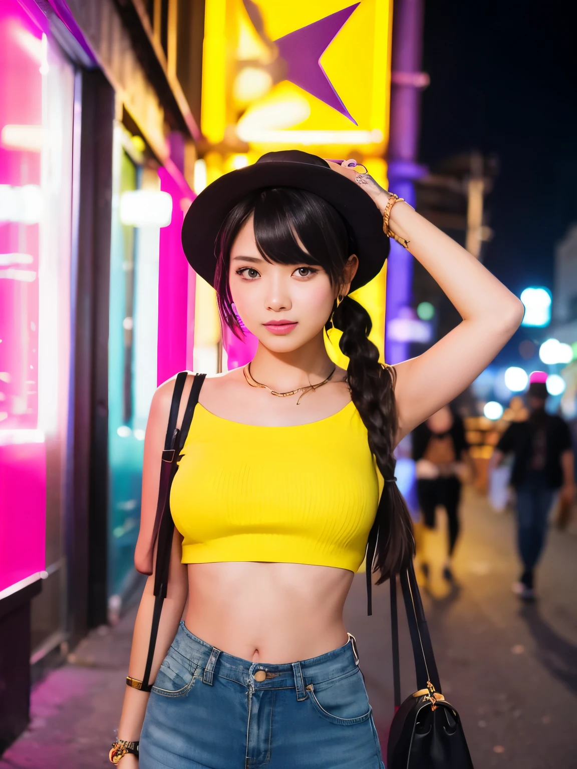 A vibrant anime-style illustration of a fashionable young girl in a modern urban setting. The girl has medium-length black hair with one eye partially covered, styled in a loose braid on one side. She is wearing a yellow oversized crop top, paired with high-waisted ripped jeans that have a worn-out, distressed look. She accessorizes with purple star-shaped earrings, multiple bracelets, and a small black shoulder bag. A straw hat is perched casually on her head, adding a playful touch. The background features colorful graffiti on the walls and bright neon signs, giving off a lively, night-time city vibe. The lighting reflects a mix of warm and cool tones, enhancing the dynamic atmosphere of the scene, while the girl’s confident and cheerful expression complements the trendy and energetic urban theme.