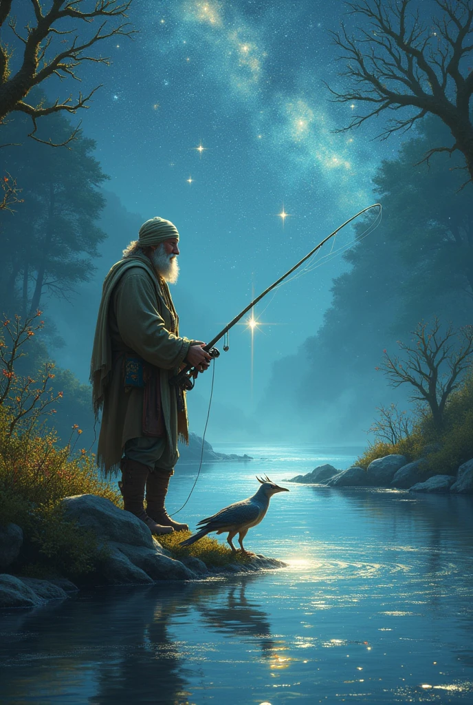 "Fishing for Stars in a River of Light": in a fantasy world, A fisherman casts his line into a river flowing with pure light, Capturing little stars. The constellations reflect in the water, and ethereal creatures, how do i catch the griffins, they drink from the river, creating a vibrant and luminous scene, worthy of a fairy tale.









