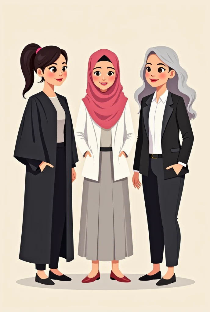 Three cartoon women,
one on the left wearing a black graduation uniform (black hair), she is 2.
one in the middle wearing a white Highschool uniform with a pink hijab, she is 2.
and one on the right wearing an black office worker uniform (black hair), she is 3.